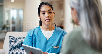 Buy stock photo Consultation, old woman or nurse in home with tablet, medical review or advice in checkup report. Wellness, caregiver or senior patient with tech, health assessment or treatment plan in retirement.