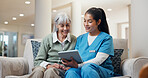 Medical, old woman or caregiver in center with tablet, consultation results or advice in checkup report. Smile, nurse or senior patient with tech, health assessment or treatment plan in retirement. 