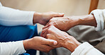 Holding hands, comfort and nurse with senior woman in house for medical checkup with support. Empathy, compassion and caregiver with elderly patient for healthcare consultation in nursing home.