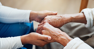 Buy stock photo Holding hands, comfort and nurse with senior woman in house for medical checkup with support. Empathy, compassion and caregiver with elderly patient for healthcare consultation in nursing home.