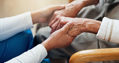 Buy stock photo Holding hands, checkup and nurse with senior woman in house for medical support with comfort. Empathy, compassion and caregiver with elderly patient for healthcare consultation in nursing home.
