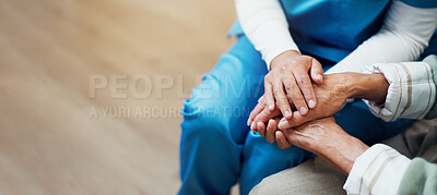 Buy stock photo Holding hands, compassion and nurse with senior person in house for medical checkup with comfort. Space, support and caregiver with elderly patient for healthcare consultation in home from above