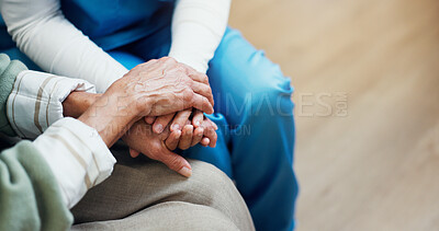 Buy stock photo Holding hands, empathy and nurse with senior woman in house for medical checkup with comfort. Support, compassion and caregiver with elderly patient for healthcare consultation in home from above.