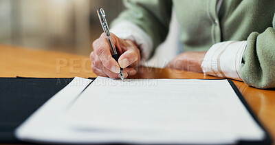 Buy stock photo Documents, signature and hands of woman in office for health insurance claim with application. Paperwork, signing and person with medical consent form, survey or consultation policy in workplace.