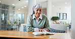 Religion, smile and old woman in center with bible, theology and sacred with spiritual learning. Christian, reading and elderly person with holy book, scripture study and wisdom insight in retirement