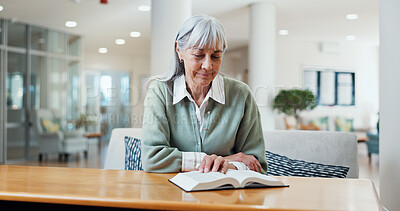 Buy stock photo Religion, smile and old woman in center with bible, theology and sacred with spiritual learning. Christian, reading and elderly person with holy book, scripture study and wisdom insight in retirement