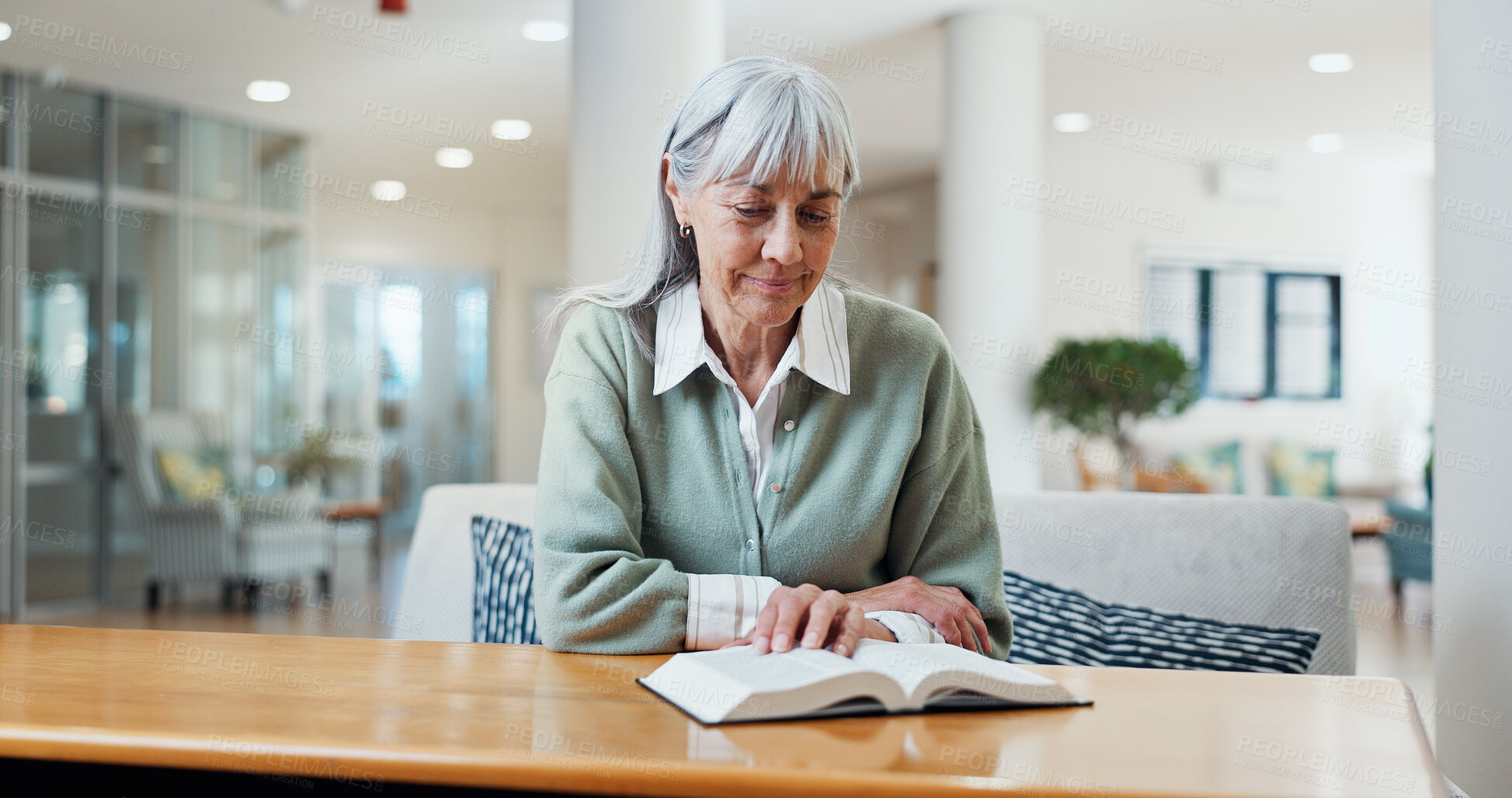 Buy stock photo Religion, smile and old woman in center with bible, theology and sacred with spiritual learning. Christian, reading and elderly person with holy book, scripture study and wisdom insight in retirement