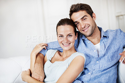 Buy stock photo Love, portrait and relax with couple on sofa for romance, bonding and support together. Calm, smile and relationship with man and woman in living room of home for marriage, happiness and care