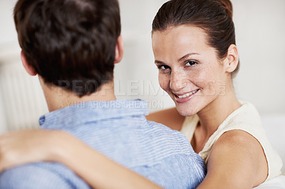 Buy stock photo Happy, woman and relax at house with couple, love and partner support for bonding together. Portrait, people and rest in home with embrace, admiration and marriage connection for healthy relationship