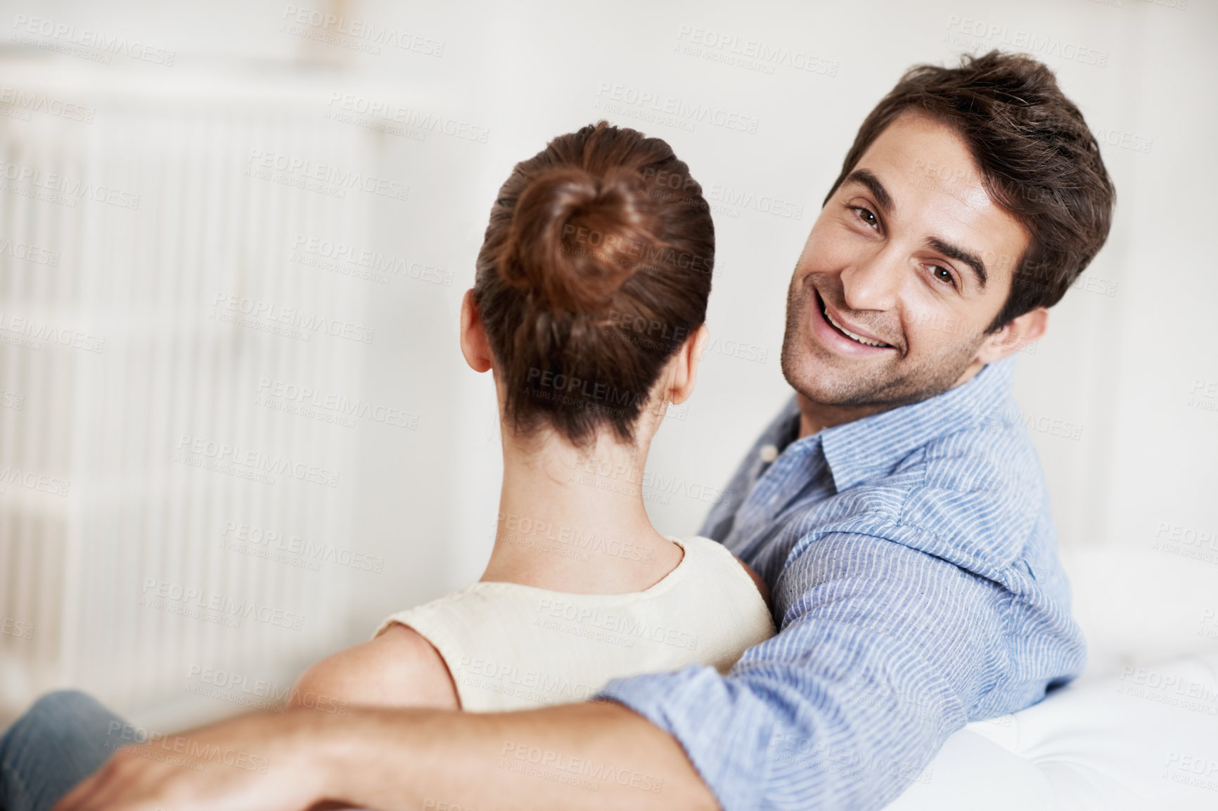 Buy stock photo Smile, man and relax at house with couple, love and partner support for bonding together. Portrait, people and rest in home with embrace, admiration and marriage connection for healthy relationship