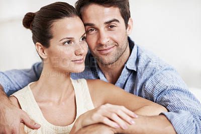 Buy stock photo Love, relax and care with couple on sofa in home for bonding, support and weekend break. Happy, connection and commitment with portrait of man and woman in living room for marriage and loyalty
