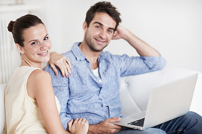 Buy stock photo Laptop, portrait and smile with couple on sofa for streaming service, bonding and movie subscription. Online film, love and multimedia search with man and woman in living room of home for connection