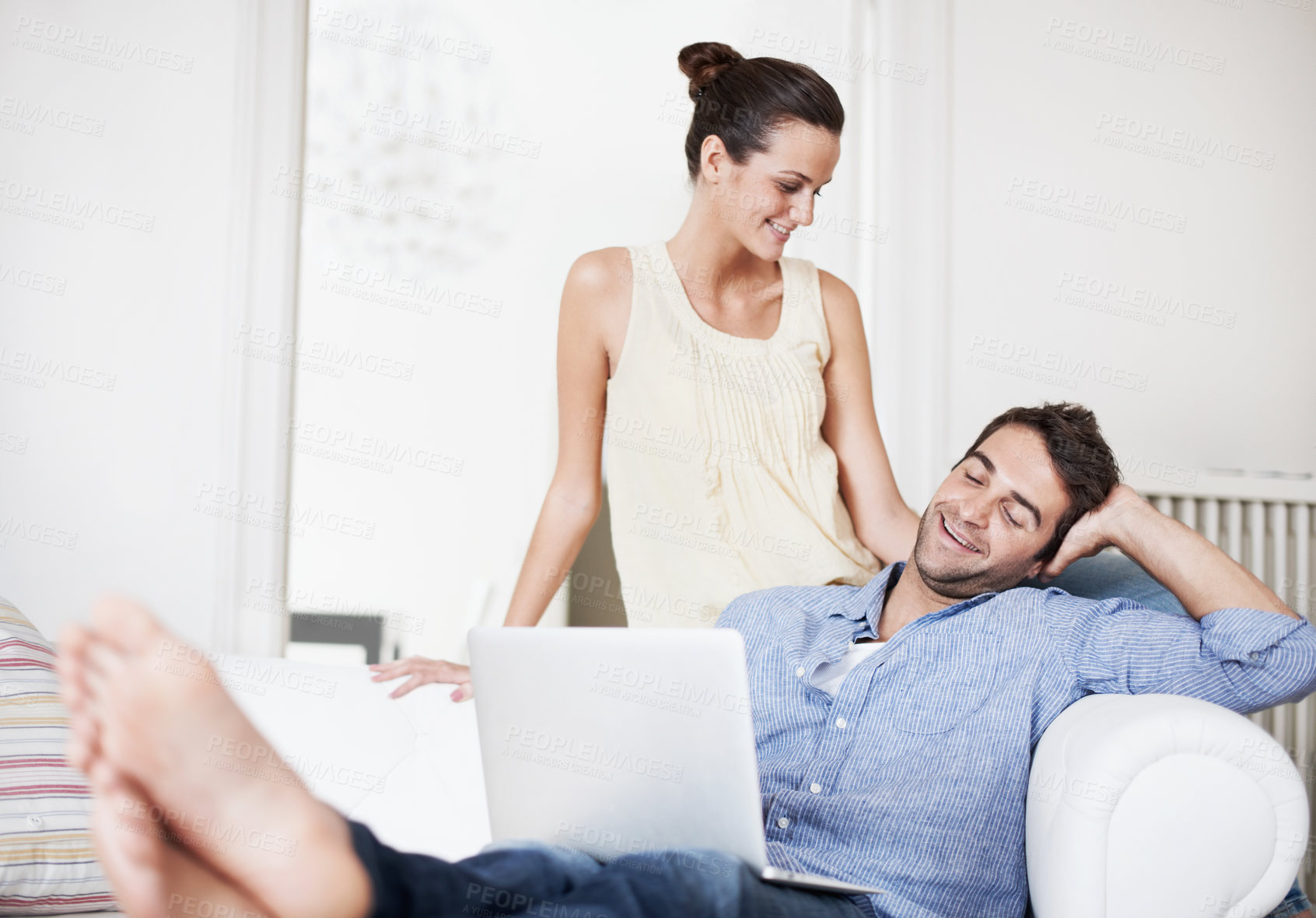 Buy stock photo Laptop, love and happy with couple on sofa for streaming service, bonding and movie subscription. Online film, smile and multimedia search with man and woman in living room of home for connection