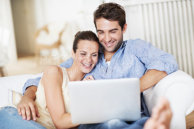 Buy stock photo Laptop, watching and smile with couple on sofa for streaming service, bonding and movie subscription. Online film, love and multimedia search with man and woman in living room of home for connection