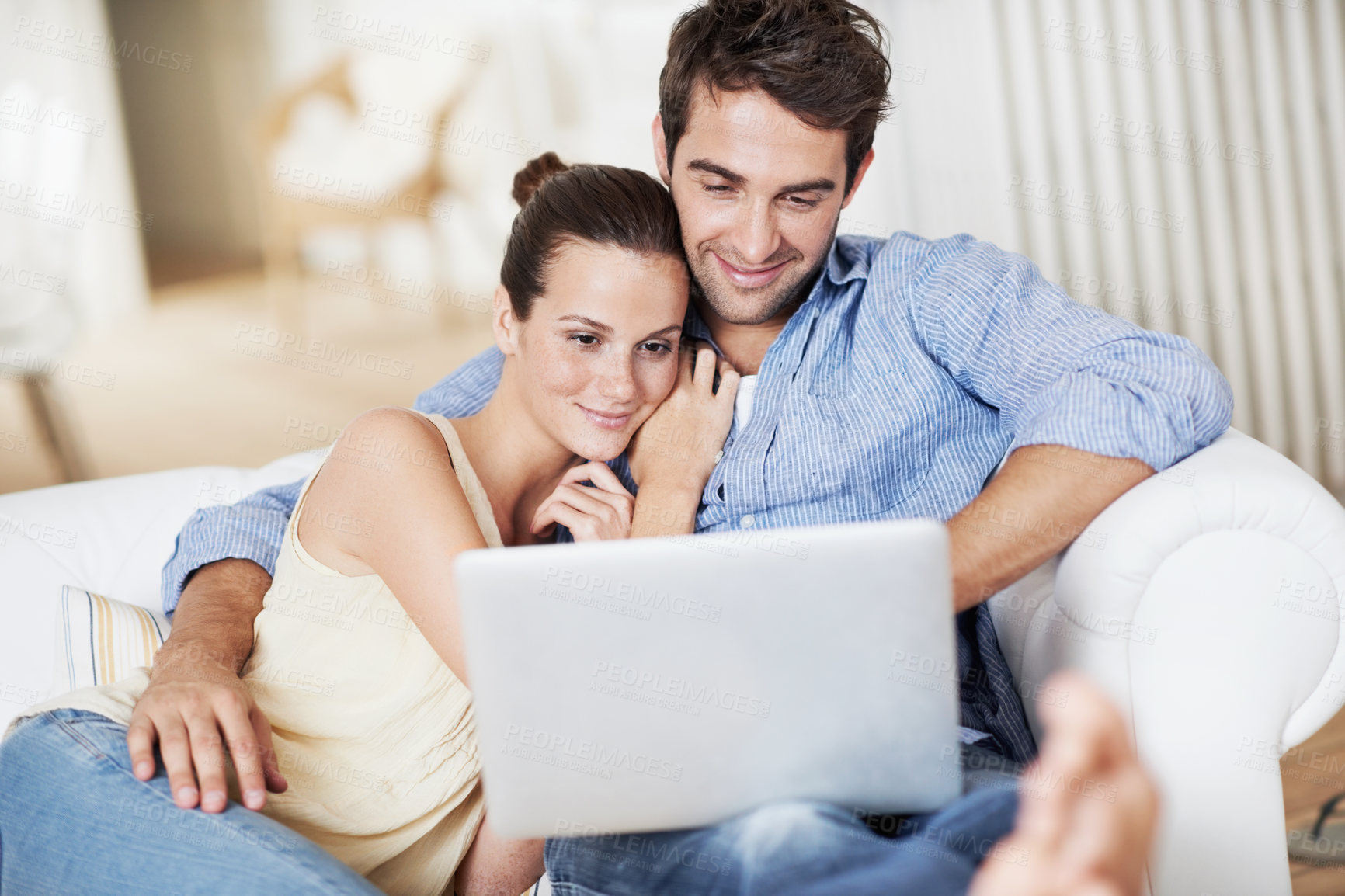 Buy stock photo Laptop, relax and watching with couple on sofa for streaming service, bonding and movie subscription. Online film, love and multimedia search with man and woman in living room of home for connection