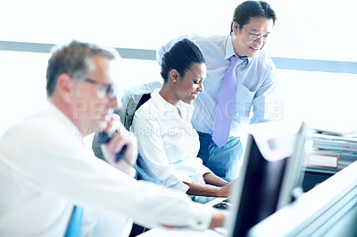 Buy stock photo Help, computer and corporate with business people in office for broker advice, communication and research. Investor review, consulting and planning with employee in coworking agency for discussion