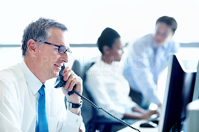 Buy stock photo Phone call, telephone and corporate with business man in office for broker advice, communication or chat. Investor negotiation, consulting and contact with employee in coworking agency for discussion