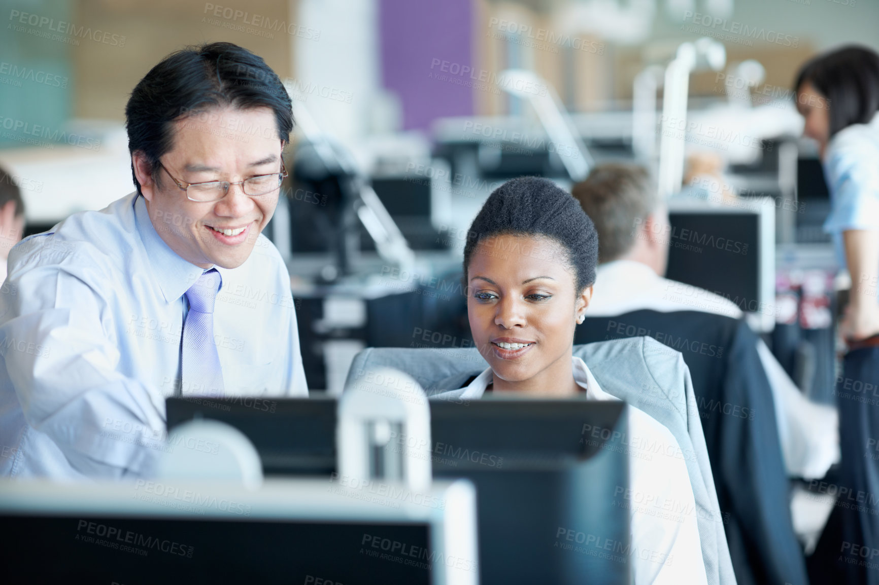 Buy stock photo Coaching, computer and team with business people in office for account update, research and feedback. Bookkeeping software, training and online review with employees for discussion on budget report