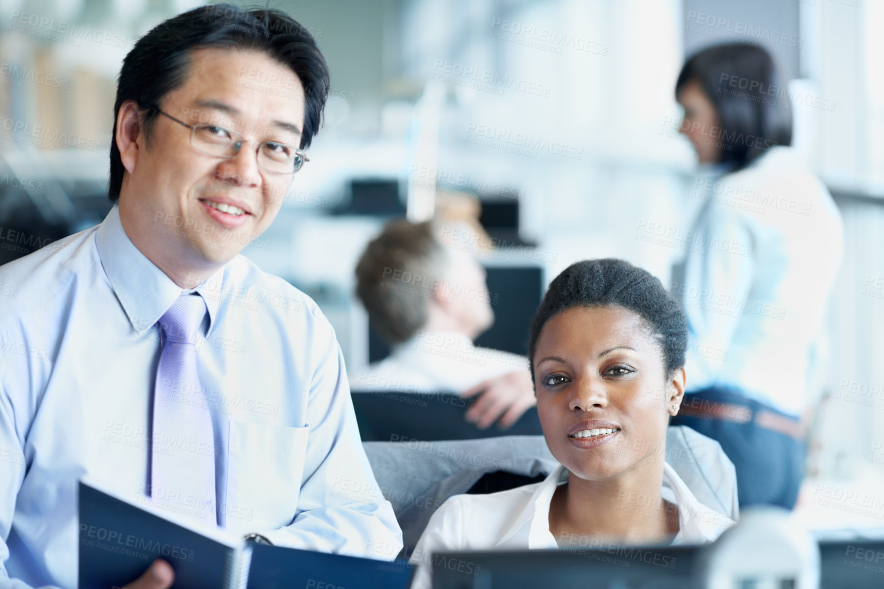 Buy stock photo Portrait, notebook and team with business people in office for account review, research and planning. Bookkeeping, training and about us with employees in agency for partner on budget report