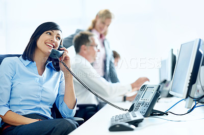 Buy stock photo Phone call, telephone and corporate with business woman for broker advice, communication or chat. Investor negotiation, consulting and contact with employee in coworking agency for discussion
