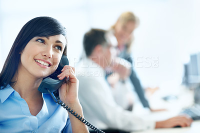 Buy stock photo Phone call, telephone and happy with business woman in office for broker advice, communication or chat. Investor negotiation, consulting and contact with employee in coworking agency for discussion