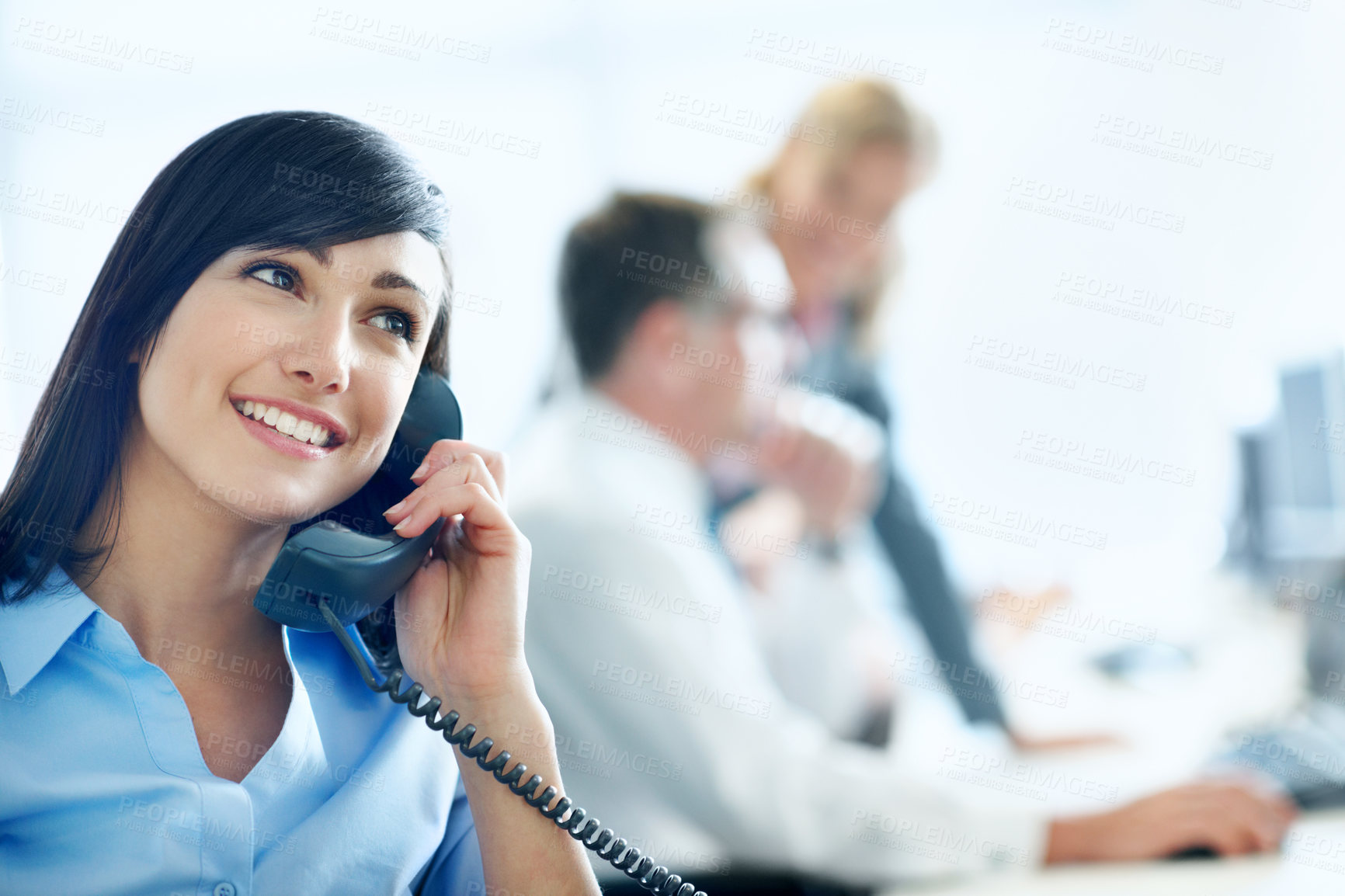 Buy stock photo Phone call, telephone and happy with business woman in office for broker advice, communication or chat. Investor negotiation, consulting and contact with employee in coworking agency for discussion