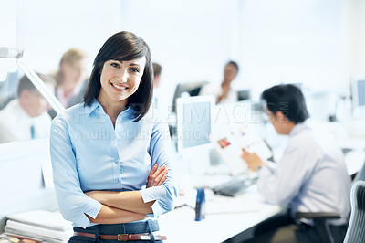 Buy stock photo Portrait, smile and arms crossed with business woman in office for manager, professional and pride. ROI assets advisor, about us and confidence with employees in agency for stock market consultant