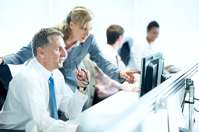 Buy stock photo Computer, team and planning with business man in office for insurance agent, research and policy review. Risk analysis advisor, help and underwriter with employees in agency for online claims