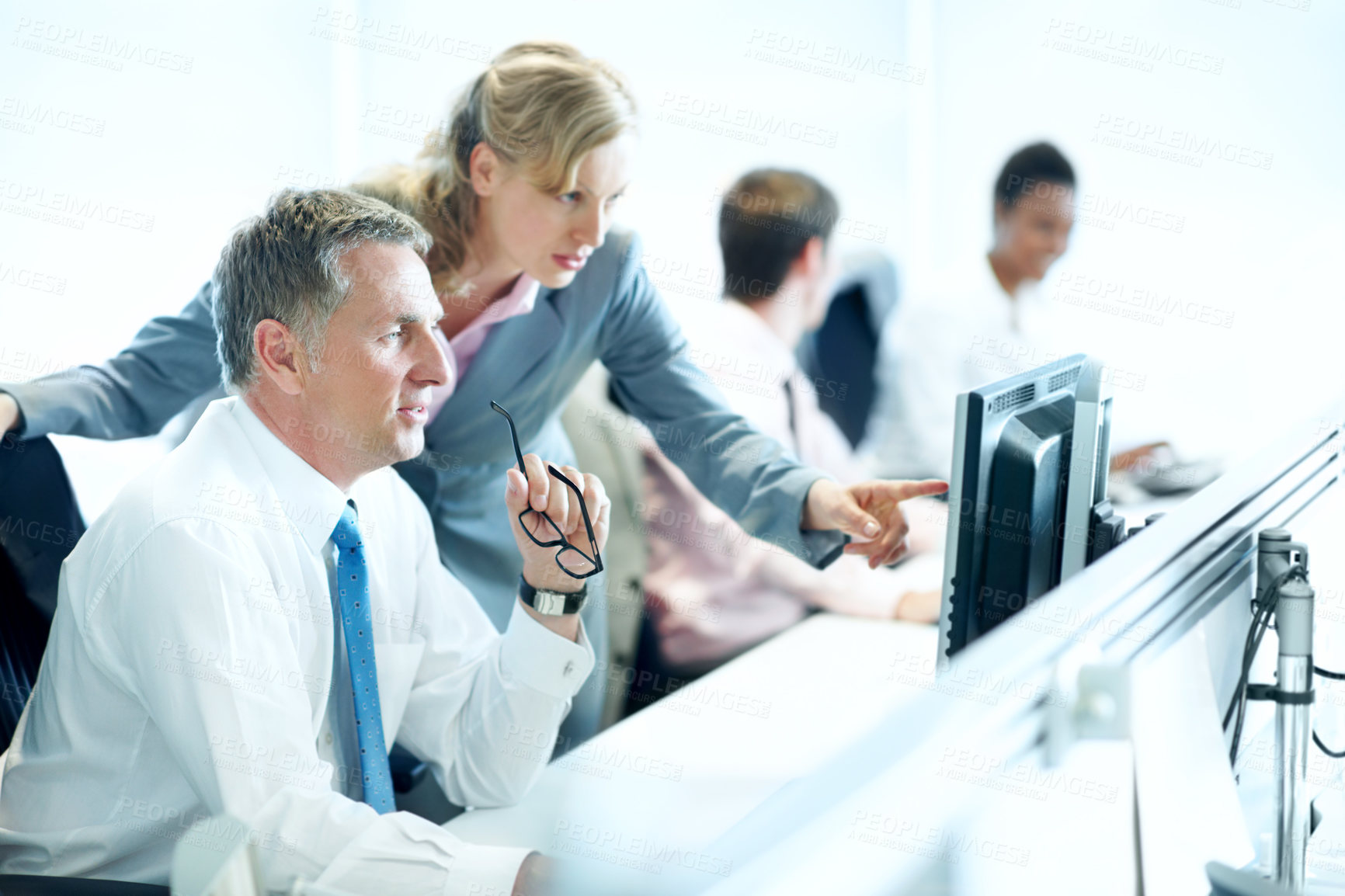 Buy stock photo Computer, team and planning with business man in office for insurance agent, research and policy review. Risk analysis advisor, help and underwriter with employees in agency for online claims