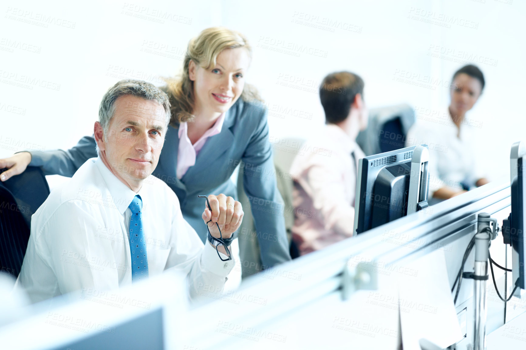 Buy stock photo Portrait, team and computer with business people in office for trading review, coworking and research. Stock market broker, collaboration and online trader platform with employees in agency