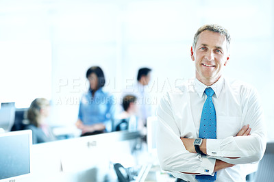 Buy stock photo Portrait, happy and arms crossed with business man in office for smile, investment advisor and pride. ROI assets, about us and confidence with mature employee in agency for stock market expert