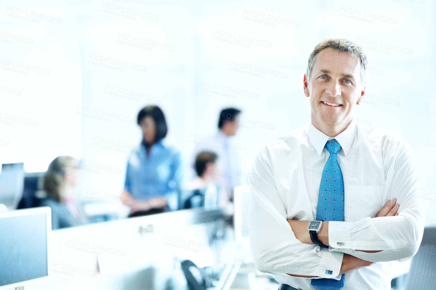 Buy stock photo Portrait, happy and arms crossed with business man in office for smile, investment advisor and pride. ROI assets, about us and confidence with mature employee in agency for stock market expert