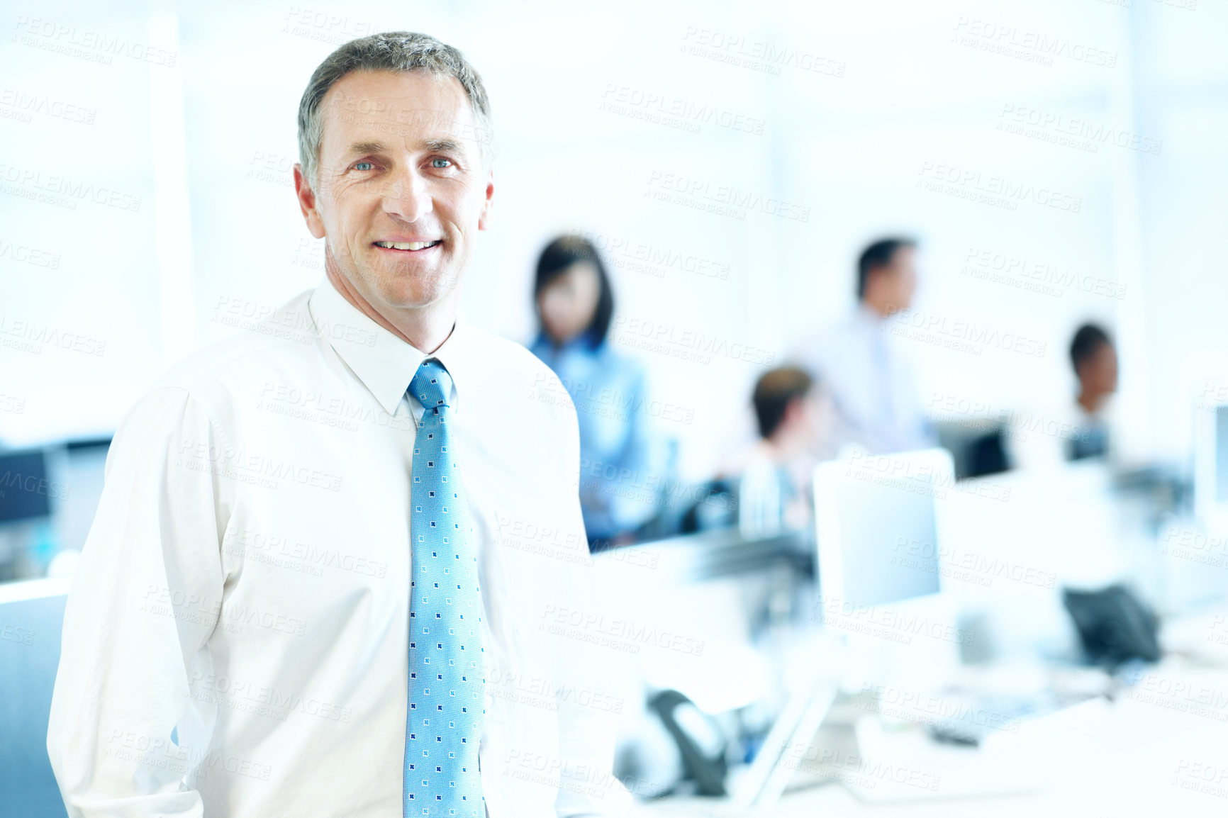 Buy stock photo Portrait, smile and manager with business man in office for happy, investment advisor and pride. ROI assets, about us and confidence with mature employee in agency for stock market expert and space