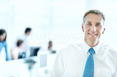 Buy stock photo Portrait, happy and manager with business man in office for smile, investment advisor and pride. ROI assets, about us and coworking with mature employee in agency for stock market expert and space