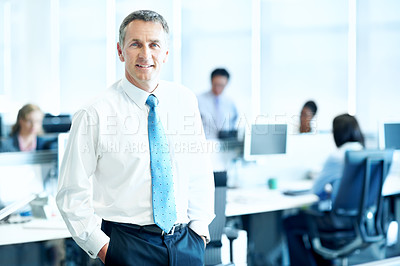 Buy stock photo Portrait, smile and professional with business man in office for insurance agent, about us and policy review. Risk analysis advisor, happy and underwriter with mature employee in agency for claims