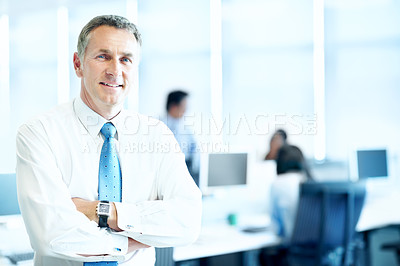 Buy stock photo Portrait, smile and arms crossed with business man in office for insurance agent, about us and space. Risk analysis advisor, happy and underwriter with mature employee in coworking agency for broker
