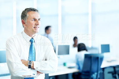 Buy stock photo Thinking, arms crossed and smile with business man in office for trader, vision or stock broker. Investment banker, financial advisor and reflection with mature person in agency for perspective space