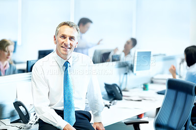 Buy stock photo Portrait, hapy and professional with business man in office for insurance agent, about us and policy review. Risk analysis advisor, happy and underwriter with mature employee in agency for claims