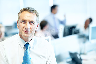 Buy stock photo Portrait, pride and professional with business man in office for insurance agent, about us or policy review. Risk analysis advisor, coworking and underwriter with mature employee in agency for claims