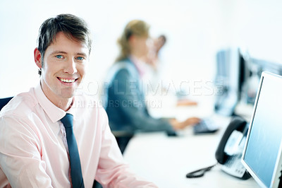 Buy stock photo Portrait, smile and computer with business man in office for consultant, insurance policy and coworking. Premium claims, risk assessment agent and online review with person in agency for crm