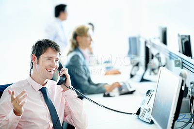 Buy stock photo Phone call, happy and telephone with business man in office for consultant, insurance policy and coworking. Premium claims, risk assessment agent and communication with person in agency for crm