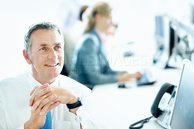 Buy stock photo Thinking, smile and planning with business man in office for insurance agent, reflection and policy review. Risk analysis advisor, vision and underwriter with mature employee in agency for claims