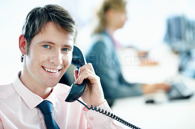 Buy stock photo Phone call, portrait and telephone with business man in office for consultant, insurance policy and coworking. Premium claims, risk assessment agent and online review with person in agency for crm