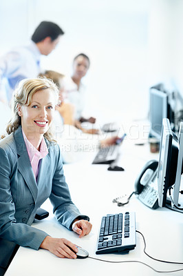 Buy stock photo Portrait, advisor and computer with business woman in office for smile, insurance policy and coworking. Premium claims, risk assessment agent and online review with person in agency as consultant