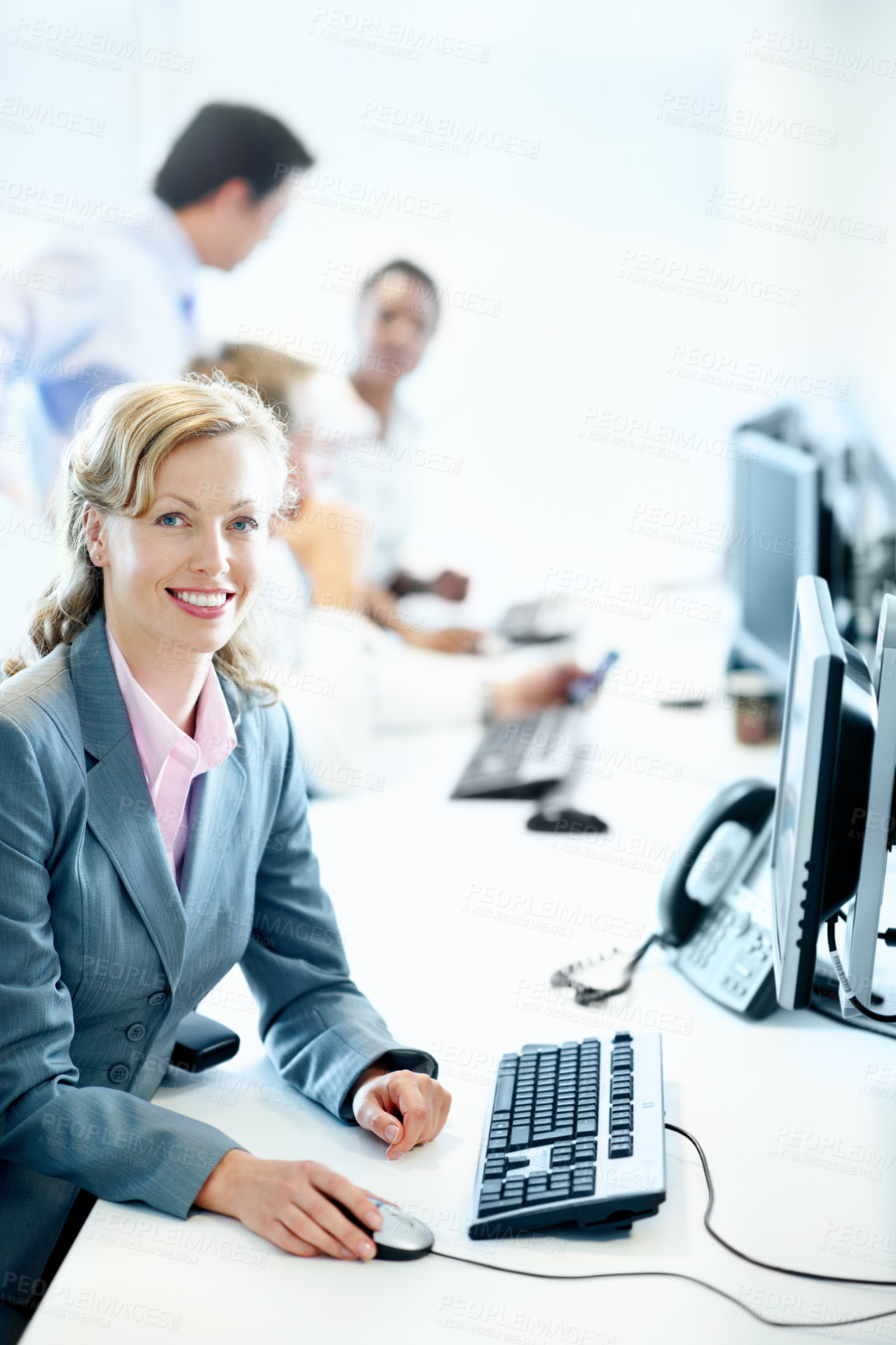 Buy stock photo Portrait, advisor and computer with business woman in office for smile, insurance policy and coworking. Premium claims, risk assessment agent and online review with person in agency as consultant