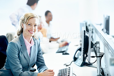 Buy stock photo Portrait, consultant and computer with business woman in office for smile, insurance policy and coworking. Premium claims, risk assessment agent and online review with person in agency with telephone