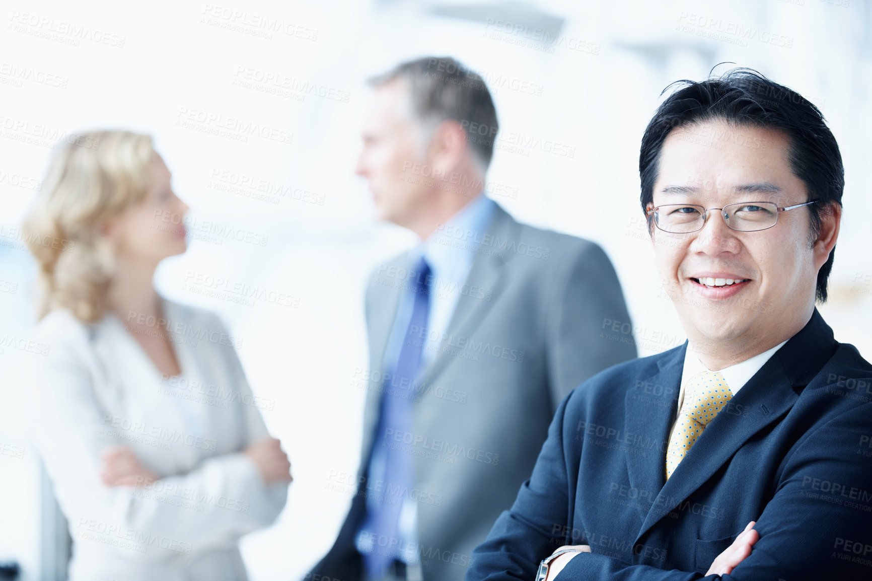 Buy stock photo Portrait, conference and smile with business man for sales convention, corporate and about us. Negotiation upskill workshop, team and regional manager with happy employee for seminar and event