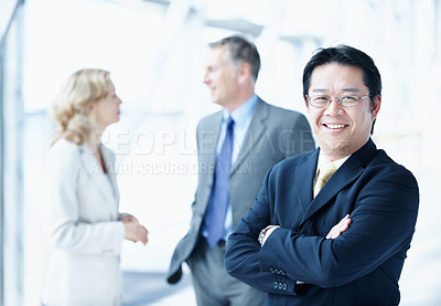 Buy stock photo Portrait, conference and arms crossed with business man for sales convention, corporate and about us. Upskill workshop, team negotiation and regional manager with employee for seminar and event