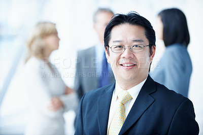 Buy stock photo Portrait, conference and glasses with business man for sales convention, corporate and about us. Negotiation upskill workshop, expo and regional manager with happy employee for seminar and smile