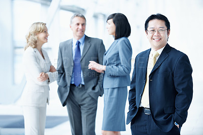 Buy stock photo Portrait, seminar and smile with business man for sales convention, corporate and about us. Negotiation upskill workshop, team and regional manager with employee for happy, conference and event